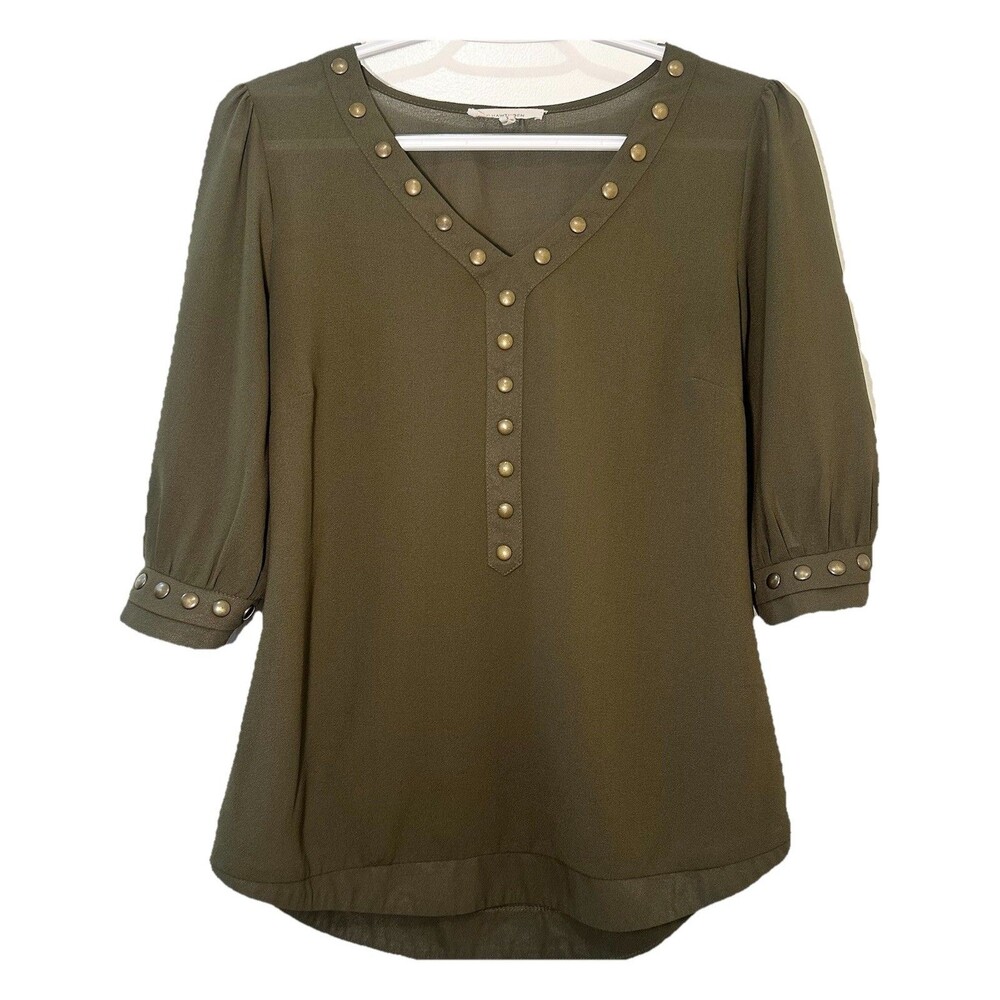 41 Hawthorn Olive Studded V Neck Blouse 3/4 Sleeve High Low Top